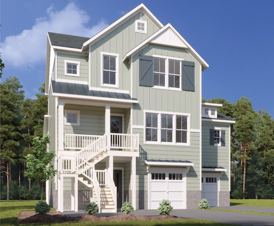 three-story green home with five bedrooms, four baths, two-car garage, and 3,048 square feet. 